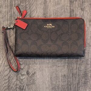 Coach Signature Corner Zip Wristlet Brown Red Trim